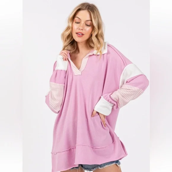 13 Striped Contrast Collared Pullover Sweatshirt - Picture 3 of 7